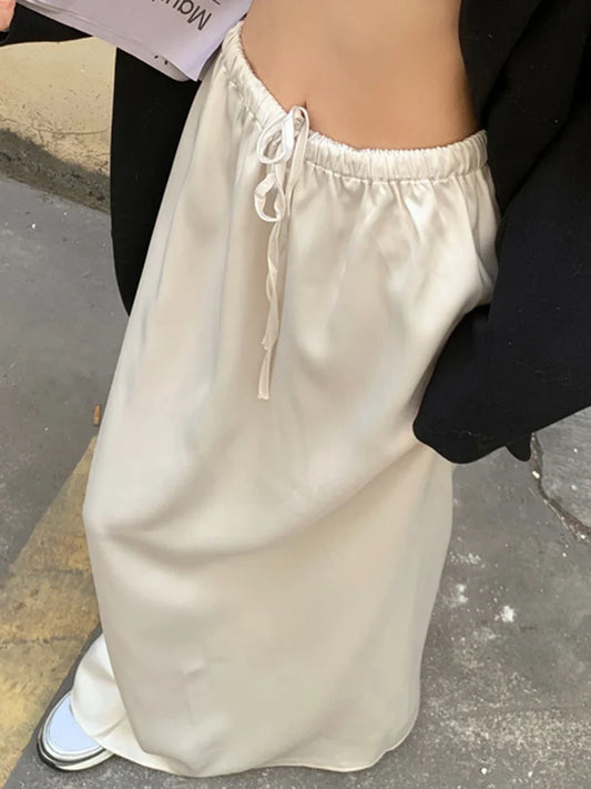 vzyzv  -  Summer Solid Elegant Long Skirt Women  New Elastic Waist Drawstring Maxi Skirt Casual Fashion All-match Faldas Bottom