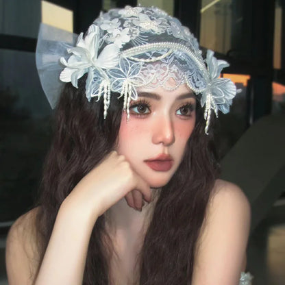 vzyzv  -  New Retro Super Fairy Sweet Bridal Lace Crystal Tassel Head Hat Wedding Dress Photo Wedding Dress Headgear Accessories