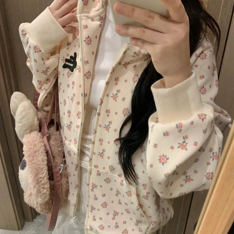 vzyzv  -  Korean Fashion Sweet Hoodie for Women Flowers Print Oversize Zip-up Hooded Sweatshirts College Coquette Aesthetic Tops