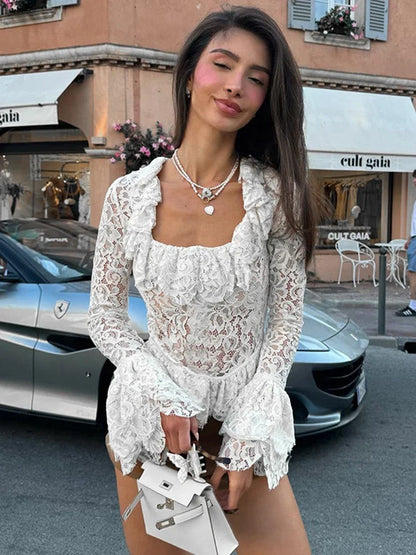 vzyzv  -  Splice Lace Square Collar See-through Top For Women Fashion Slim Sexy Flare Long Sleeve White T-Shirt Female Pullover New