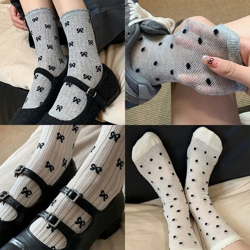 vzyzv -  Summer Thin Bow Dot Lace Mid Tube Socks Versatile Mesh Hollow College Style Sweet Stacked Socks Japanese JK Calf Socks for Women