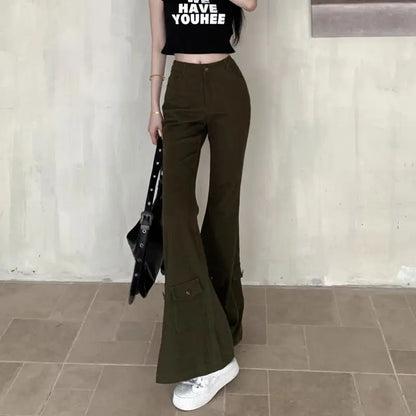 vzyzv  -  Cargo Jeans, Army Green Multi-Pocket Women'S Slimming American Retro High-Waisted Boot-Cut Trousers Floor-Length Trousers