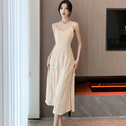 nvxiot  -  Female Velvet Sequins Luxury Sling Long Dress 2024 Korean Elegant Chic Dance Party Dress Autumn Winter Vintage Bodycon Vestidos