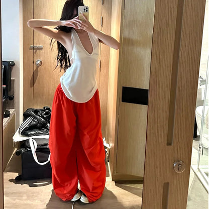 TAVIMART  -  American Vintage Red Sweat Pants Fashion Y2K Women's Straight Wide Leg Pants Casual Baggy Mopping Trouser Ladies Summer