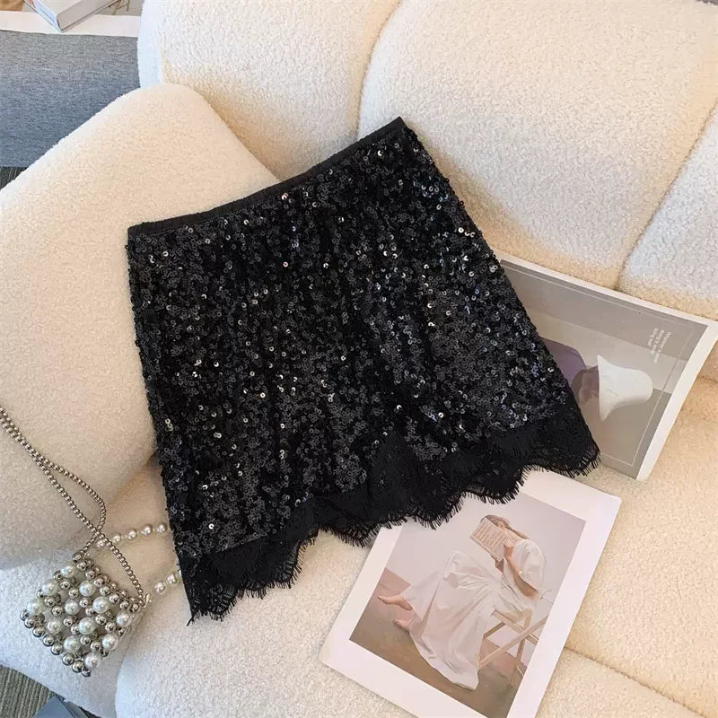 vzyzv -  Sexy Silvery Sequin Mini Skirt Lace Patchwork Tight Hip Wrap Skirt for Women Summer Fashion Lady Party Club A-line Skirt