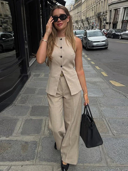 vzyzv  -  Sleeveless Suit Casual Vest Women's Elegant Long Pants Round Neck Front Buckle Fashionable Street Clothing Set Summer Women Top