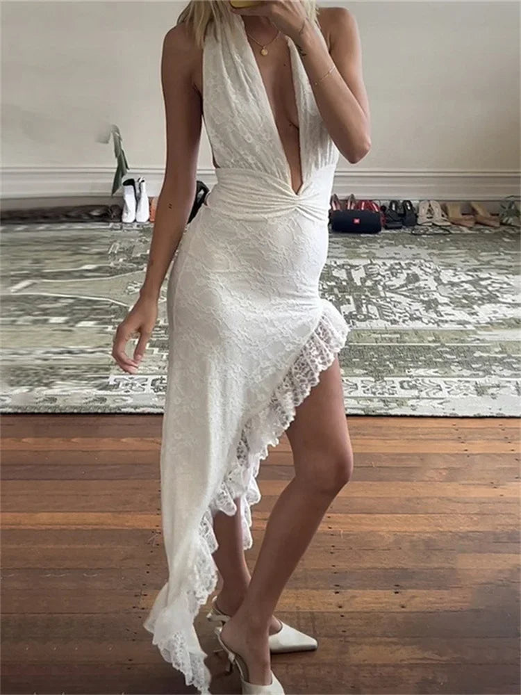 vzyzv -  Fashion Lace White Long Dress For Women V-Neck Sexy High Waist Hollow Out Slim Summer Backless Dress Women's Maxi Dress