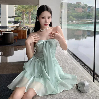 nvxiot  -   Summer French Style Bow Tie Green Dress Sexy Strapless Pleated Waist Slim A-line Cake Dress Princess Glossy Ruched Mini Dresses