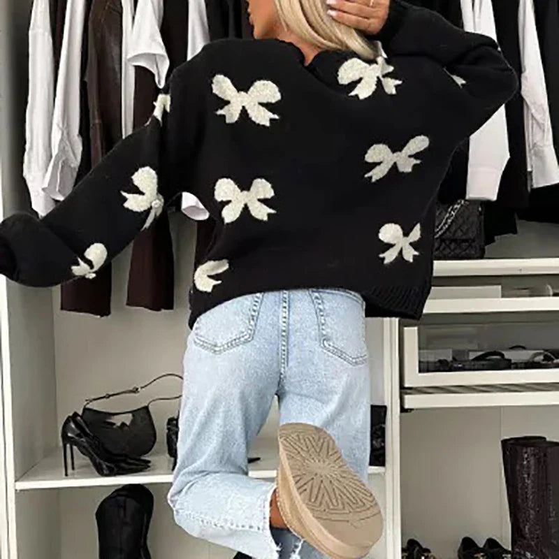 vzyzv  -  Lady Elegant Long Sleeve Commuter Sweater New Winter Fashion Butterfly Knot Printed Sweater Casual O Neck Lace Up Loose Cardigan