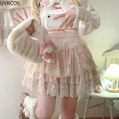 vzyzv  -  Sweet Lolita Lace Cake Skirt Women Pink Vintage Elegant A-line Mini Skirts Female Korean Fashion Preppy Style Pleated Skirt