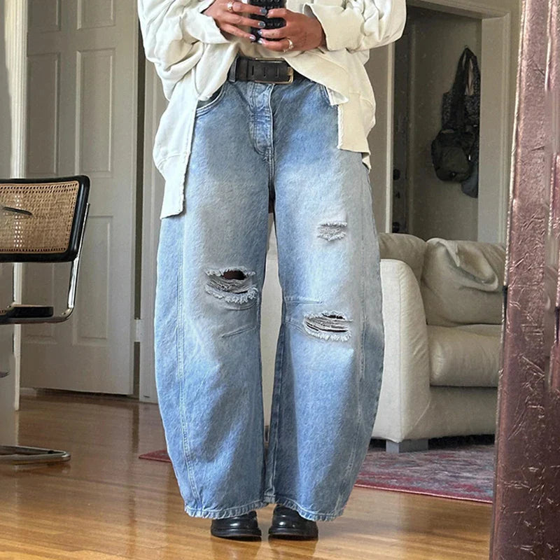 vzyzv  -  Fashion Ripped Barrel Jeans High Street Blue Low Waist Casual Oversized Denim Pants Boyfriend Style Women Outfits Y2K