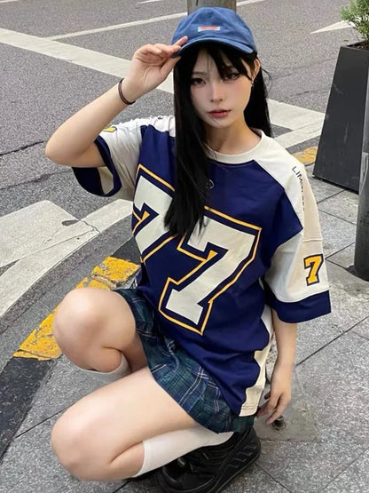 vzyzv  -  Blue Sports Oversized T Shirt Women Patchwork Raglan Short Sleeve Casual Tops American Football Summer Hip Hop Tshirts