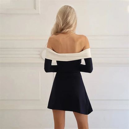 vzyzv  -  Women Strapless Off Shoulder Dress Sexy Fashion Color Block Long Sleeve Slim Skirt Elegant Sexy Party A-LINE Dress Club Outfit