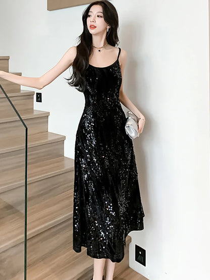 nvxiot  -  Female Velvet Sequins Luxury Sling Long Dress 2024 Korean Elegant Chic Dance Party Dress Autumn Winter Vintage Bodycon Vestidos