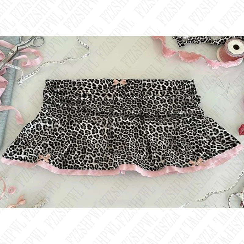 vzyzv  -  Retro Cute Leopard Print Women Mini Skirt Sweet and Chic Pink Bow Y2K Harajuku Street Hip Hop Punk Hot Girls Goth Baby Skirt Emo