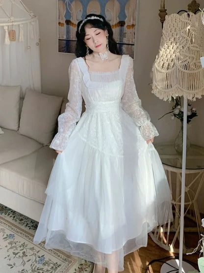 vzyzv -  Vintage Elegant Evening Party Long Dress Women Lace France Retro Princess Fairy White Korea Sweet Dress Female Summer