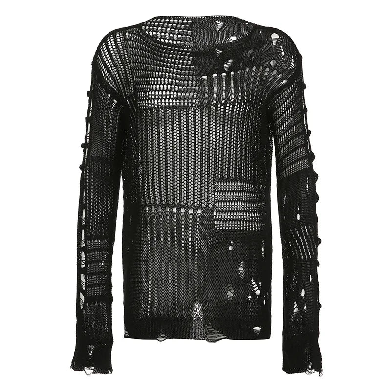 nvxiot  -  Chic Tattered Sweater Women Fashion Loose Long Sleeve Tops Lazy Style Hollowed Out Thin Perspective Black White Ripped Pullover