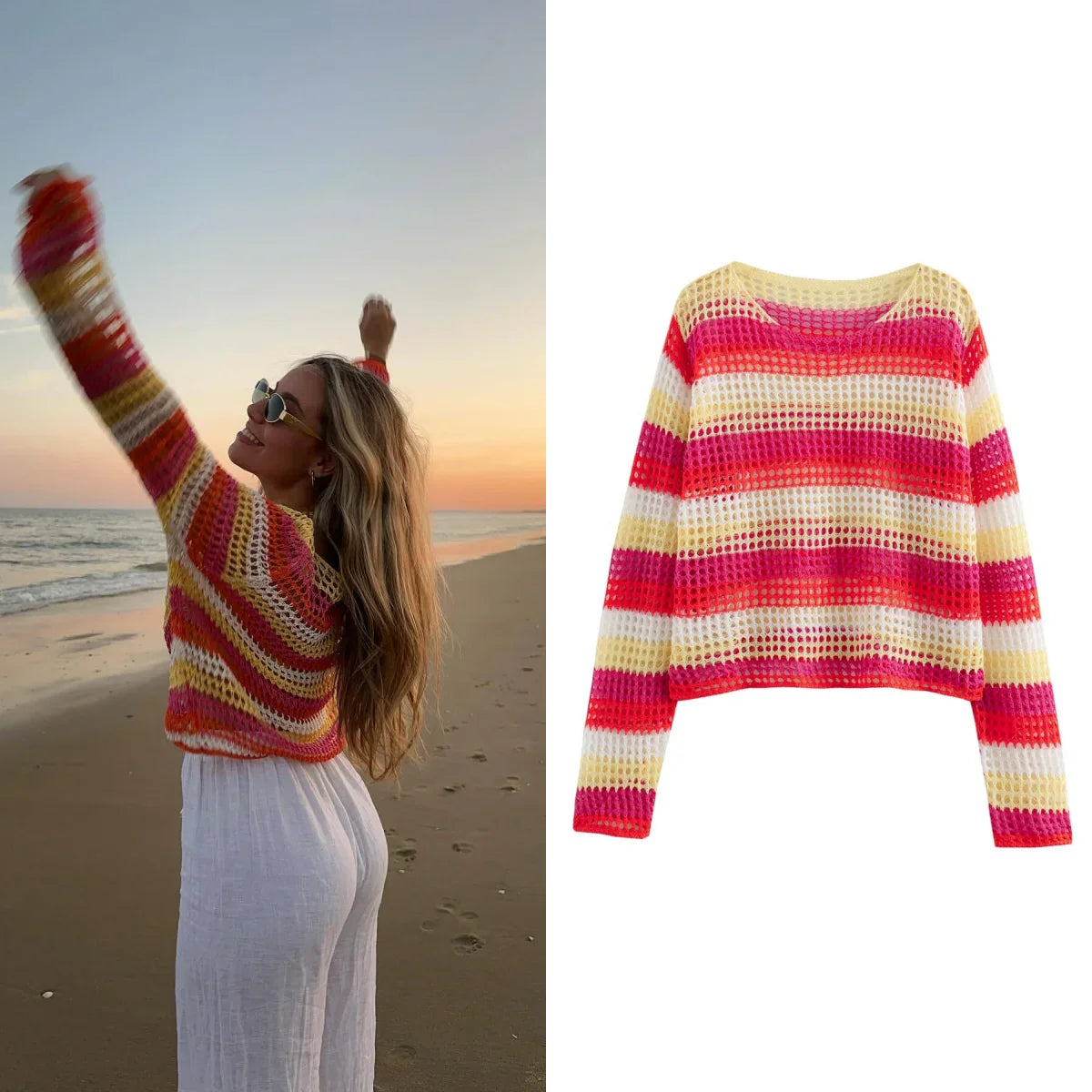 vzyzv -  New Summer Women's Casual Versatile Knitted Colored Stripe Long sleeved Round Neck Loose Knitted Top