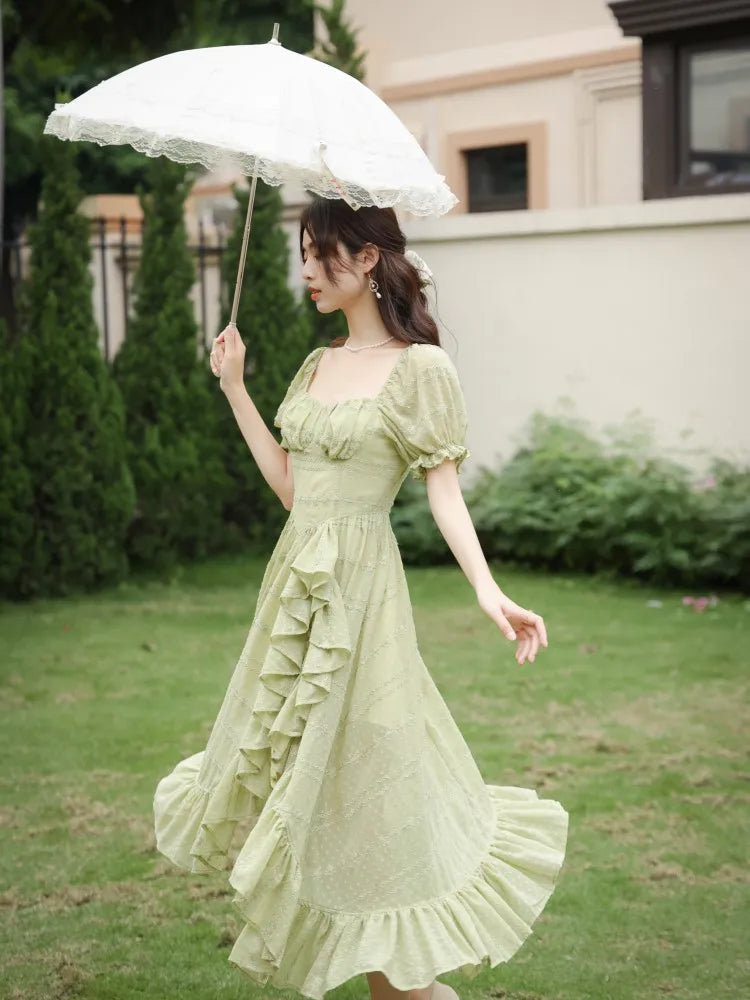 nvxiot  -  French Style Summer Women Green Fairycore Dress Square Collar Solid Sweet Travel Holiday Dress Stylish Ruffles Feminine Dresses