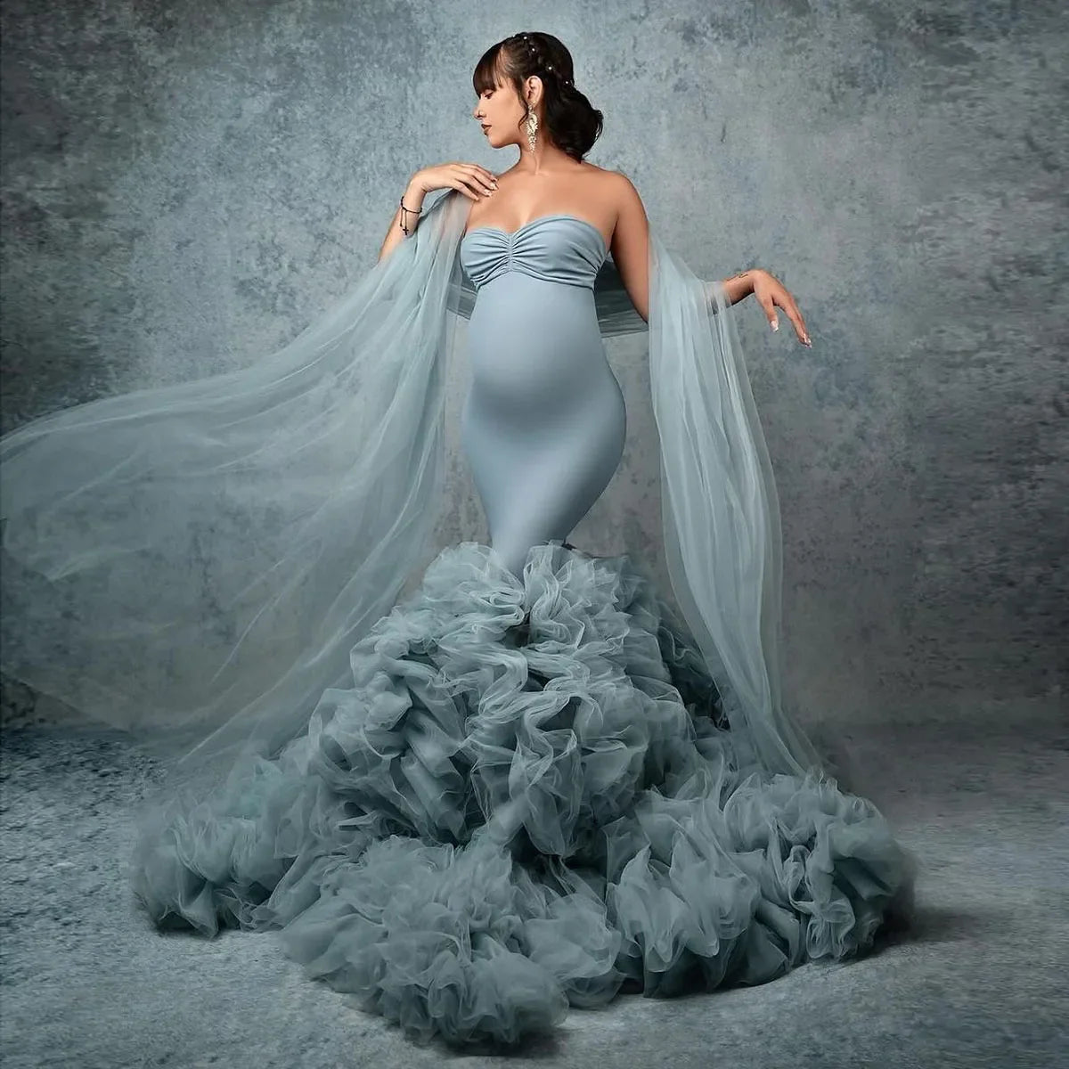 nvxiot  -  Grey Blue Mermaid Maternity Dress for Photo Shoot Ruffles Train Tulle Maternity Dresses Women's Babyshower Gown vestido de novia