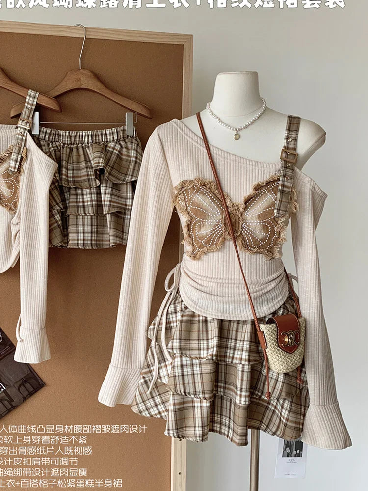 vzyzv  -  Autumn Winter Japanese Gyaru Cute Goblin Core Y2k JK Preppy Korean Women Outfits 2 Piece Set Long Sleeve Top + Mini Plaid Skirt