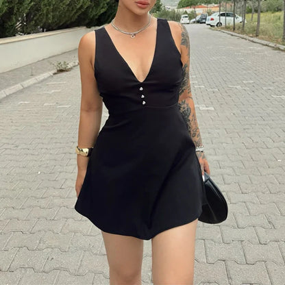 vzyzv  -  French Women Backless Hollow Swing Mini Dress 2024 Elegant Button Office Party Dress High Street Solid V-neck Temperament Dress