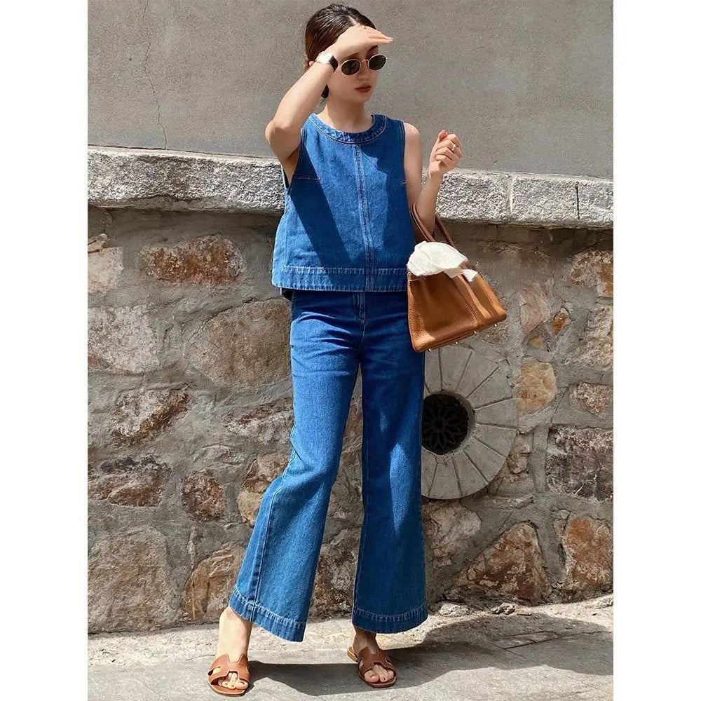 vzyzv -  Korean Hot Girl Commuting Suit Women's Summer Blue Denim Vest High Waist Wide Leg Pants Two-piece Set Fashion Female Clothes