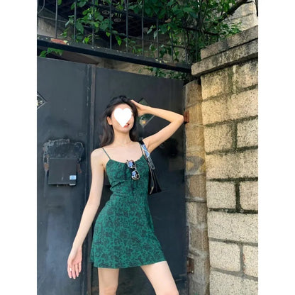 nvxiot  -  Dark Green Retro Floral Dress for Women Spring/summer French High Waisted Slim Fit Sleeveless Suspender Spicy Girl Short Skirt