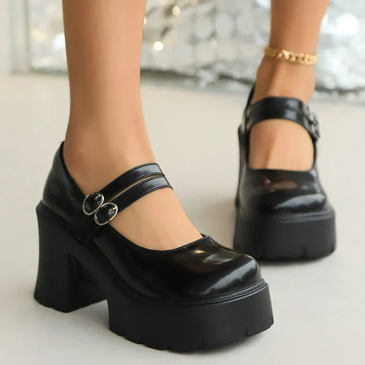 nvxiot  -  High Heels Chunky Mary Jane Shoes for Women 2024 Vintage Buckle Strap Platform Pumps Woman Pu Leather Thick Heeled Lolita Shoes