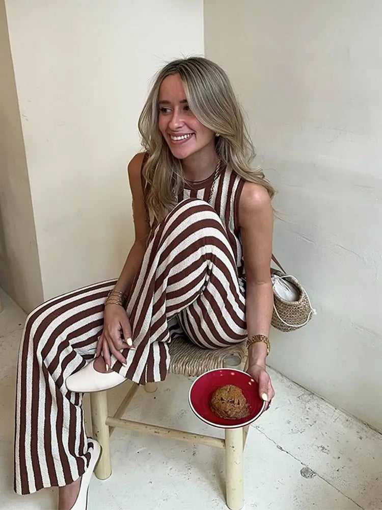 vzyzv  -  Fashion Striped Printed Sleeveless Women Tops Suits Casual O Neck Straight Pants Sets 2024 New Chic Female Office Outfits