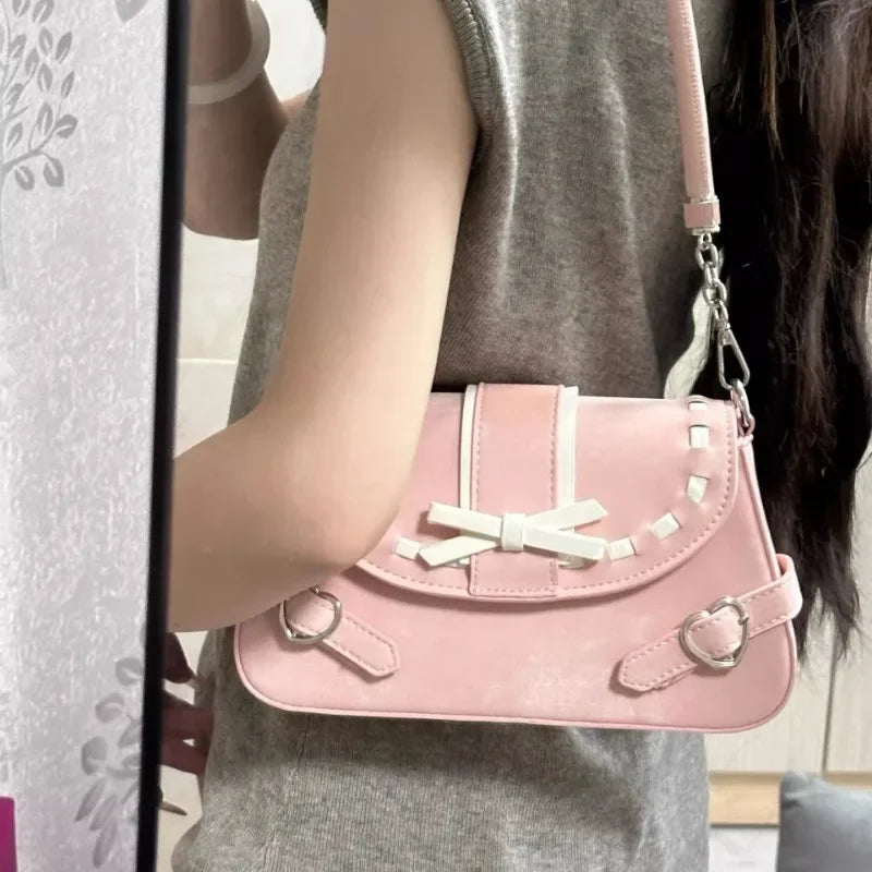 vzyzv  -  Pink Y2k Womens Shoulder Bag Elegant Fashion Casual Bow Sweet Handbags Exquisite Literary Korean Style New Aesthetic Bag