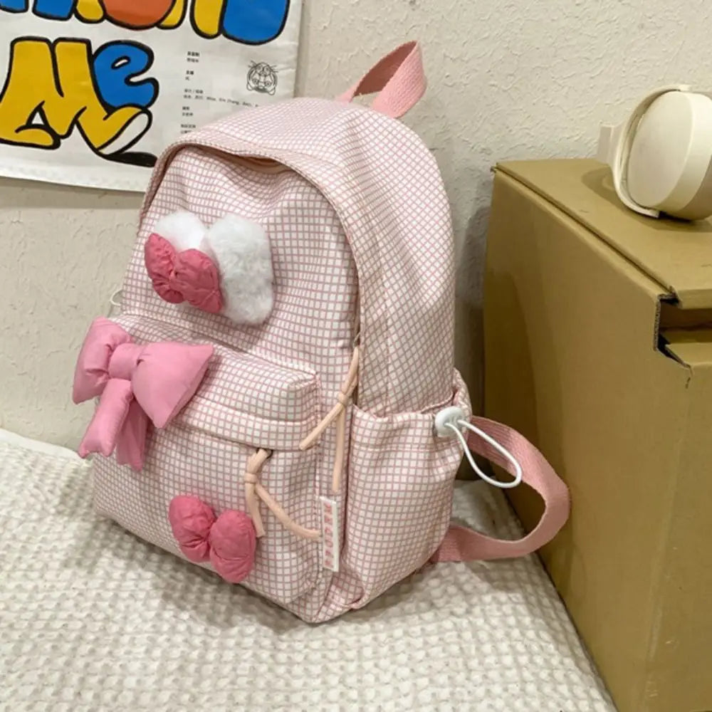 vzyzv  -  Large Capacity Cute Bowknot Backpack Solid Color Korean Style Nylon Student School Bag Lattice Lightweight