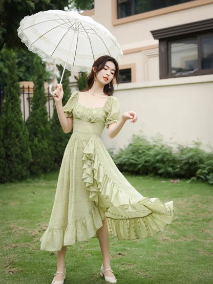 nvxiot  -  French Style Summer Women Green Fairycore Dress Square Collar Solid Sweet Travel Holiday Dress Stylish Ruffles Feminine Dresses