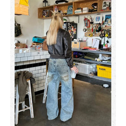 vzyzv  -  Women's Street Casual 2000s Pants Baggy Y2K Wide Leg Washed Grunge Denim Trouser American Vintage High Waist Straight Emo Jeans