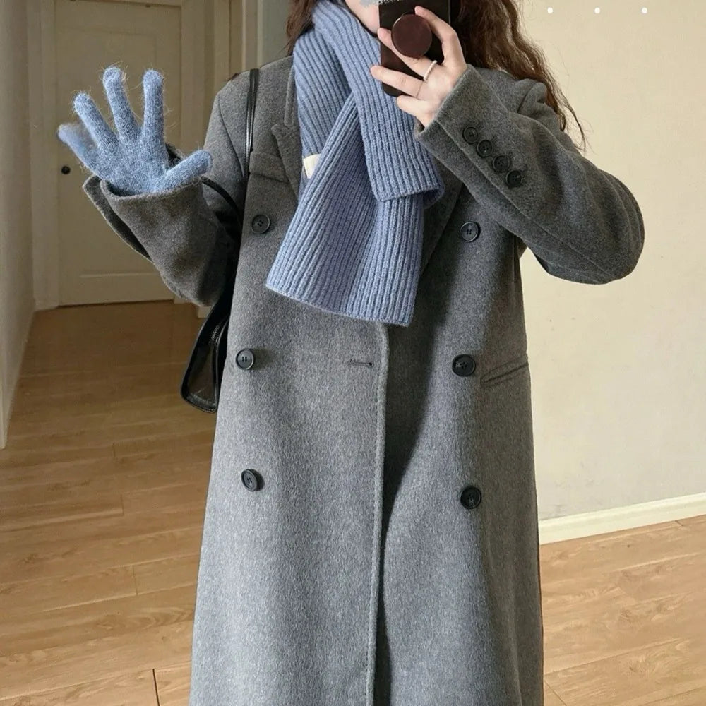 vzyzv  -  Winter women's thick double breasted extended coat with high-end gray Korean double-sided woolen coat for women