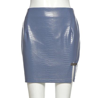 nvxiot  -  Faux Leather PU Split Skirt Women Fall Winter Blue High Waist Slim Casual Sexy Mini Skirts Streetwear