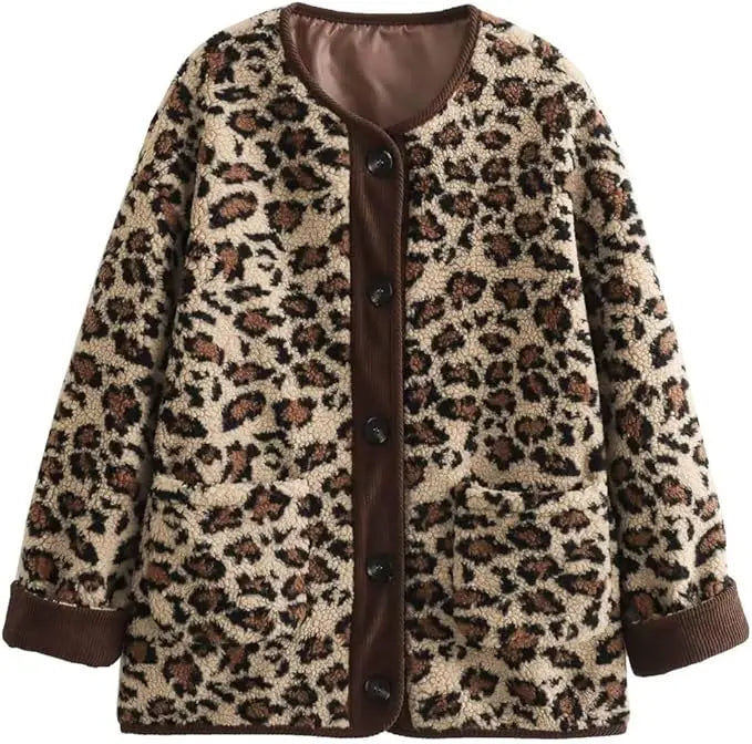 vzyzv  -  New Women's Leopard Fuzzy Fleece Jacket Long Sleeve Open Front Coats Lightweight Casual Outerwear with Pocket Thermal Top Jacket