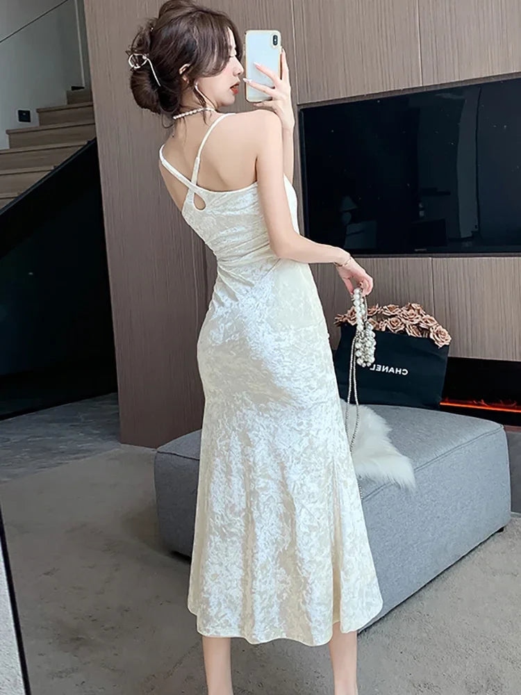 nvxiot  -  2024 New White Velvet Luxury Sling Long Dress Autumn Winter Elegant Ruffled Mermaid Dress Women Korean Vintage Dance Party Dress