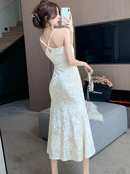 nvxiot  -  2024 New White Velvet Luxury Sling Long Dress Autumn Winter Elegant Ruffled Mermaid Dress Women Korean Vintage Dance Party Dress