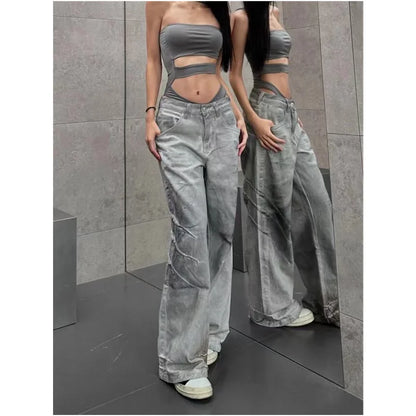 vzyzv  -  Female High Street Retro High Waist Trashy Jeans Y2K Baggy American 2000s Denim Trouser Women's Washed Vintage Casual Pants