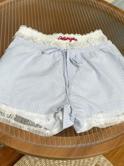 vzyzv -  French Elegance Romantic Striped Lace Shorts Women Sweet Sexy Embroidery Elastic Waist Hot Pants Summer Fashion Coquette Gyaru