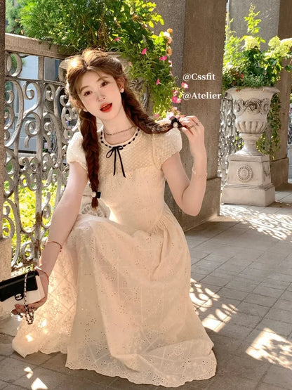 vzyzv -  French Retro Summer Short Puff Sleeve Dress Women Elegant Embroidery Tight Waist Slim Sweet Platycodon Hollow Long Dress