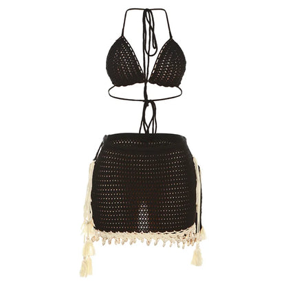 nvxiot  -  Crochet Knitted 2 Piece Dress Sets Women Sexy Hollow Out Lace Up Bra Top Tassel Bandage Mini Skirts Summer Beach Clothing Suits