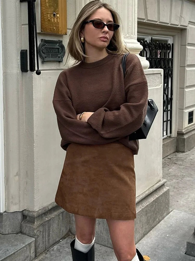 vzyzv  -  Vintage Suede Mini Skirts Women Casual Slim Straight Zipper Skirt Female Fashion Solid High Waist Brown Streetwears Lady