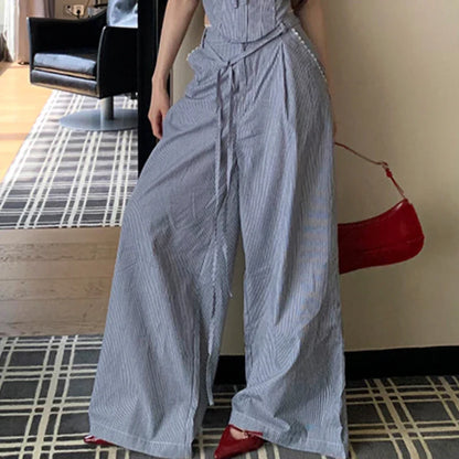 vzyzv  -  Summer New Korean Lace-up Pleated Sexy Slim Camisole Women + Contrast Color Striped Loose Wide Leg Pants Two-piece Suit