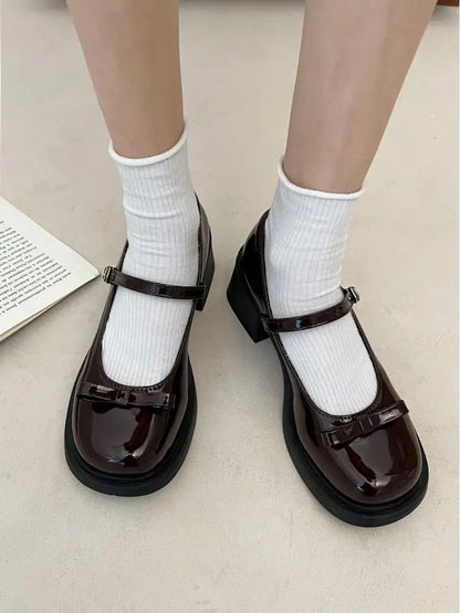 vzyzv  -  Kawaii Bowknot Round Toe Mary Jane Pu Leather Shoes Women's Retro High-heel 6cm Buckle Jk Uniform Women Shoes Tea Party