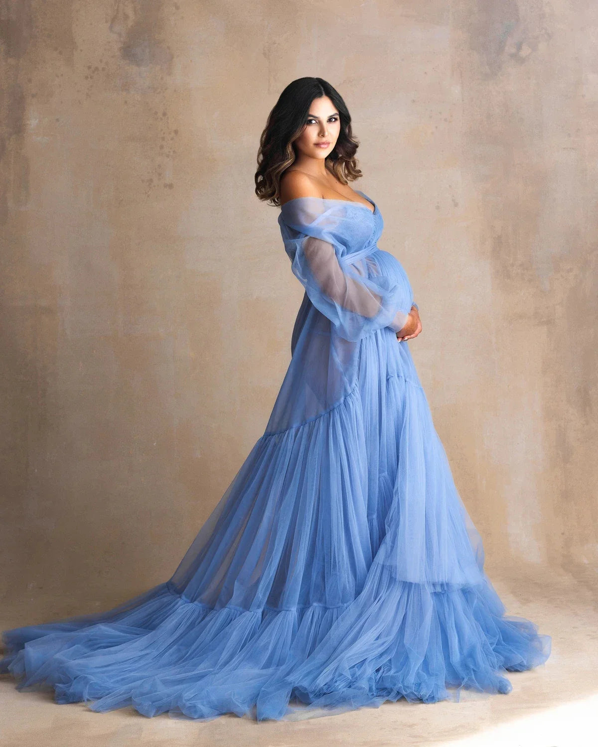 nvxiot  -  Charming Ruffle Tulle Maternity Dress Photoshoot Off the Shoulder Blue Bridal Robes Custom Made Babyshower Dress for Photography