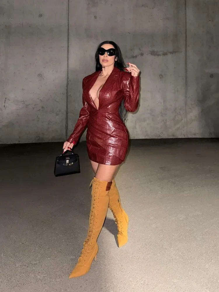 vzyzv  -  Women Sexy Deep V Red Lattice Leather Mini Dress Fashion Long Sleeve High Waist Fold Slim Dresses Lady New Highstreet Short Robe