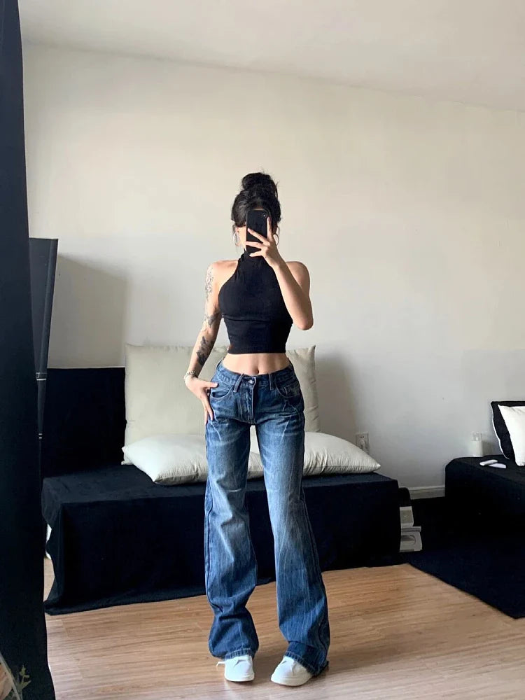 vzyzv  -  Women Korean Fashion Vintage Classical Chic Jeans Straight Leg Simple Jeans Grunge Harajuku Blue Denim Pants Y2k Tide Aesthetic