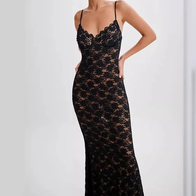 vzyzv  -  Sexy Black Lace V-neck Summer Long Dress Tight Sleeveless Slip Dress Backless Flower Embroidery Party Dresses For Women New